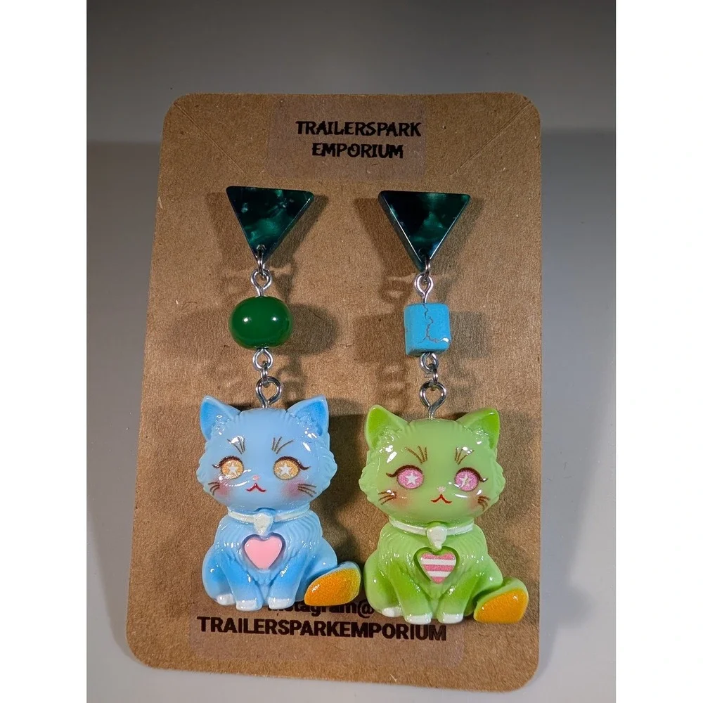 Trailerspark Emporium Mismatched Resin Cat Drop Earrings Nickel Free Blue Green